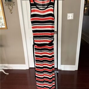 Karen Millen Orange, Black & White Striped Sleeveless Maxi Dress